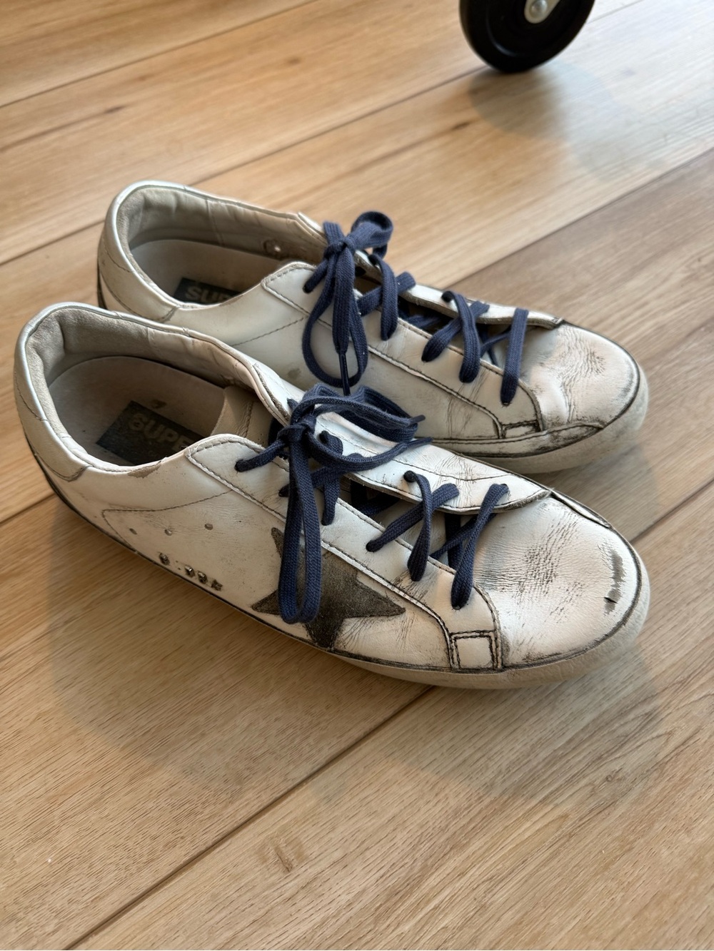 Golden Goose White Sneakers with Navy Laces and Black Star